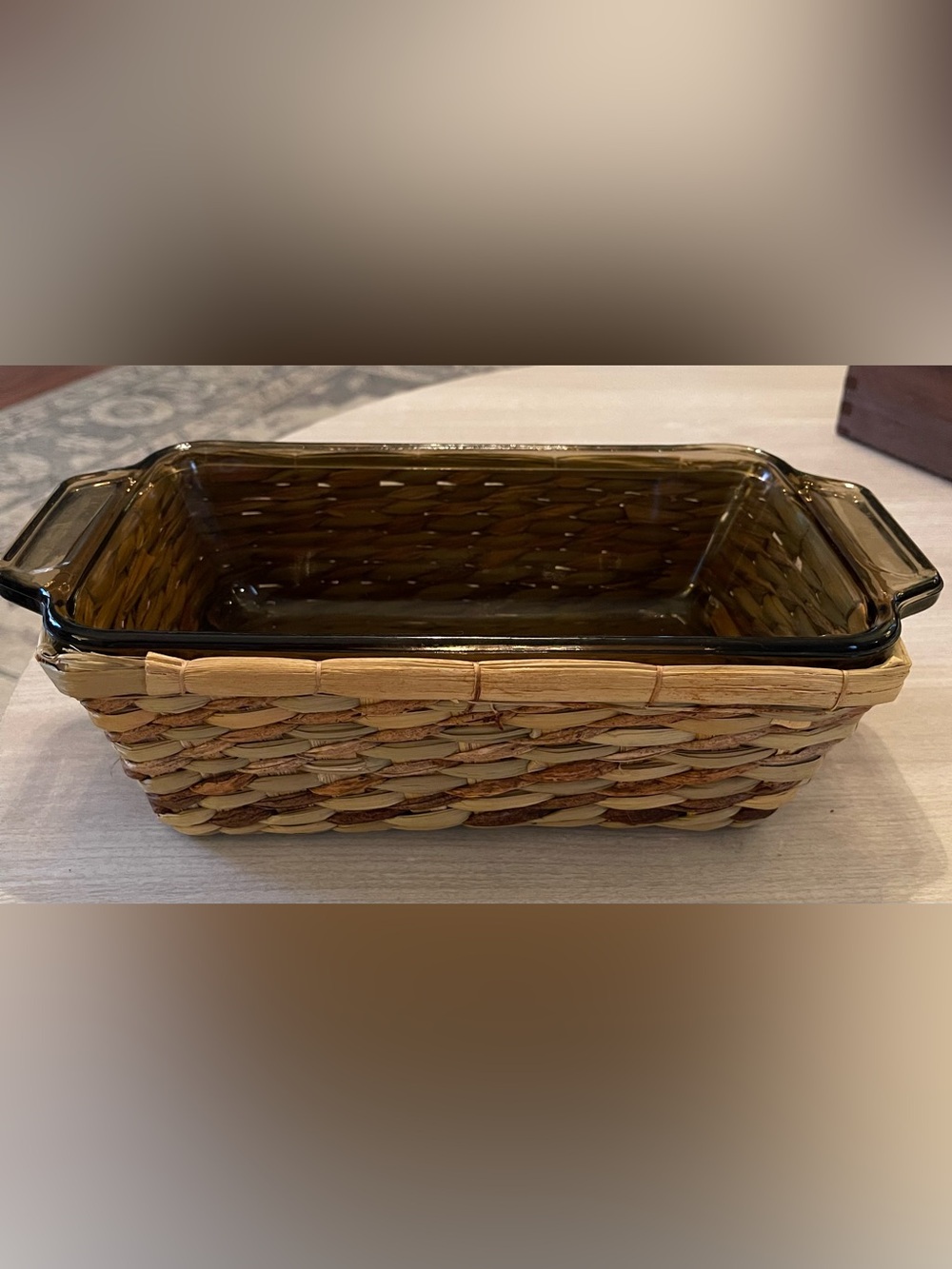 1.5 Qt Loaf Dish Glass Harvest Amber Wicker Basket Anchor Hocking Model 1041